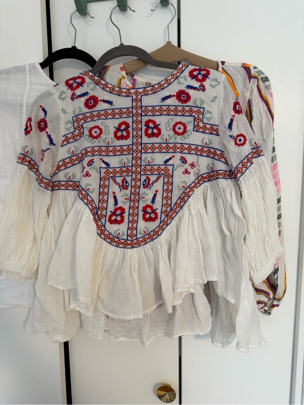 Free People White Peasant Blouse with Red & Blue Floral Embroidery